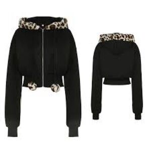 Black Cropped Hoodie with Leopard Print Trim